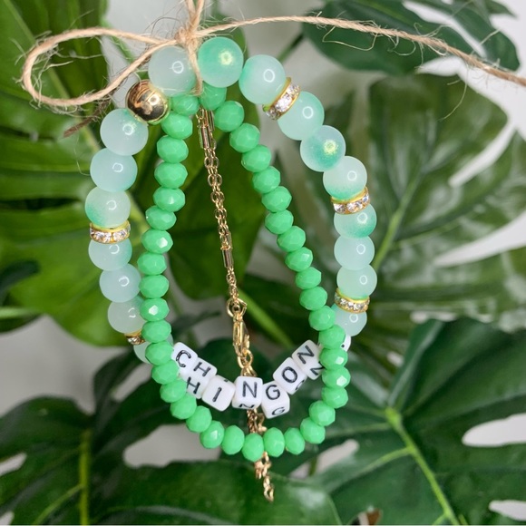 Chingona Green & Gold Beaded Letter Bracelet Set of 3 - Picture 2 of 5